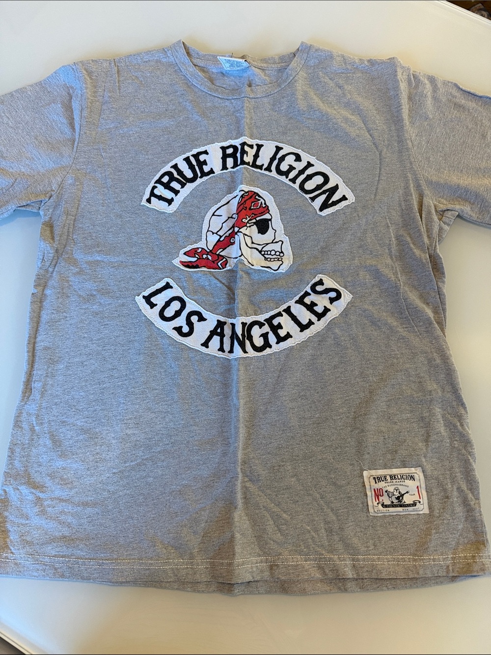 True Religion Gray Tee with Red Bandana Skull